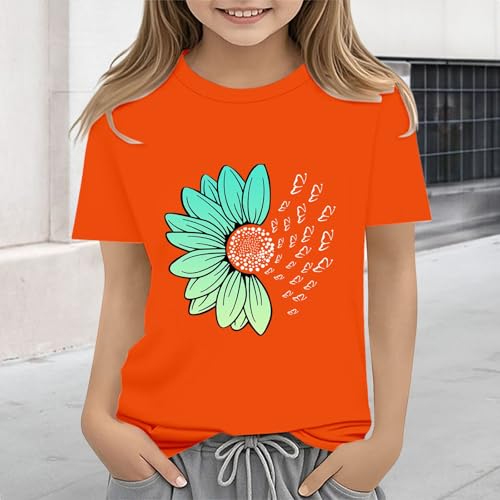 Girls Loose Fit Sunflower Graphic T Shirts Short Sleeve Crewneck Cute Pattern Printed Tops Kids (I-Orange, 4-5 Years)4