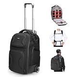 NEEWER 2 in 1 Kamerarucksack Rollen mit abnehmbaren stoßfesten Trennwänden Griff Hüftgurt Regenschutz wasserabweisend Handgepäck Rucksack für Kamera, Stativ, Blitz, Objektiv, Laptop, Schwarz, PB027