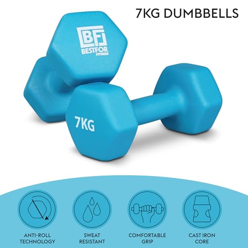 Bestfor Pair of 7kg Hex Anti Roll Non Slip Neoprene Dumbbell Weights For Exercise, Fitness, Workouts, Lifting with Exercise Chart - Image 3