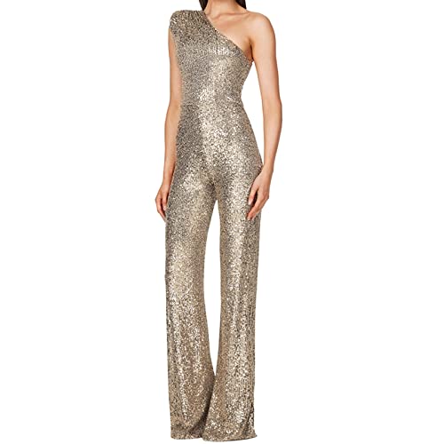 KBOPLEMQ   Mono de una sola pieza para mujer, un hombro, cuello en V, largo, con lentejuelas, traje de fiesta elegante y brillante para la noche, mono de cóctel
