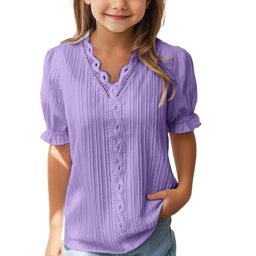 Girls Athletic Tops Size 14 Summer Casual V Neck Fashion Trendy Solid Color Puff Sleeve Loose Fit Tennis Tops for Girls