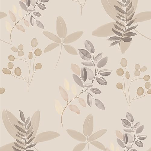 JOLIHOME Beige Papel Pintado Autoadhesivo Marrón y Gris Vintage Efecto Hojas y Frutas Papel de Contacto Plástico Autoadhesivo Film de Vinilo Rollos Impermeables para Dormitorio Baño 44.5x500cm