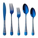 Christmas Gift Blue Hammered Flatware Sets for 4, 20 Pieces Unique Pattern Design Stainless Steel Cutlery Silverware Set Includes Dinner Knives/Forks/Spoons, Mirror Polish and Dishwasher Safe