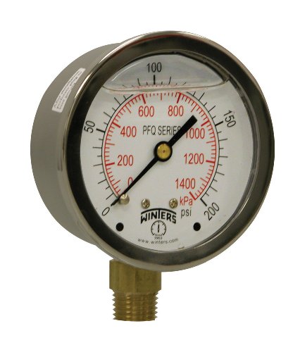 Image of Winters 2-1 /2 inch Dial Size, Liquid Filled Industrial Pressure Gauge, Brass Internals, 304 Stainless Steel Case, Dual Scale 0-200 psi /kPa, 1.5% Acc, 1 /4 inch NPT Bottom Mount, Glycerin Filled Pressure Gauge