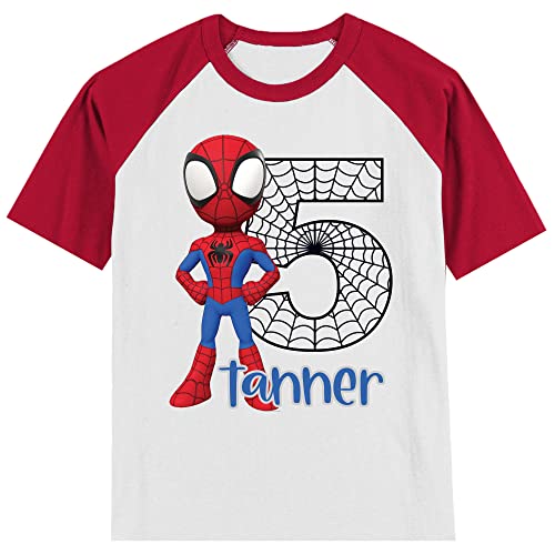 Personalized Spider Boy Super Hero Birthday Shirt | Handmade Decorated Shirt | Personalized with Name and Age | Unisex Short Sleeve Raglan T-Shirt