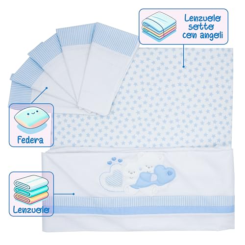 PASTELLO - 3-teiliges Kinderwagen, 100 % Baumwolle für Neugeborene, Bettwäsche mit Stickerei (Art. LC9E. CIELO)