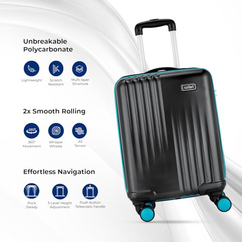 Image of Safari Citymiles 8 Wheels 59 Cm Cabin Size Trolley Bag Hard Case Polycarbonate 360 Degree Wheeling Carry on Luggage, Antitheft Zipper, Travel Bag, Suitcase for Travel, Trolley Bags for Travel, Black