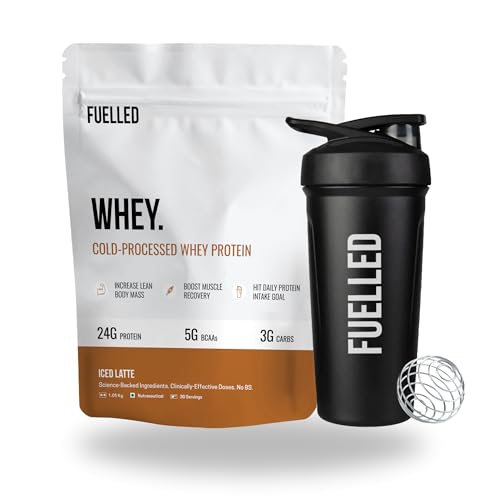 Image of Fuelled Whey Protein Powder Concentrate & Isolate with 24 g Protein, 5 g BCAA (2 kg, 60 Servings) Lab Tested with Plastic Shaker (Iced Latte)