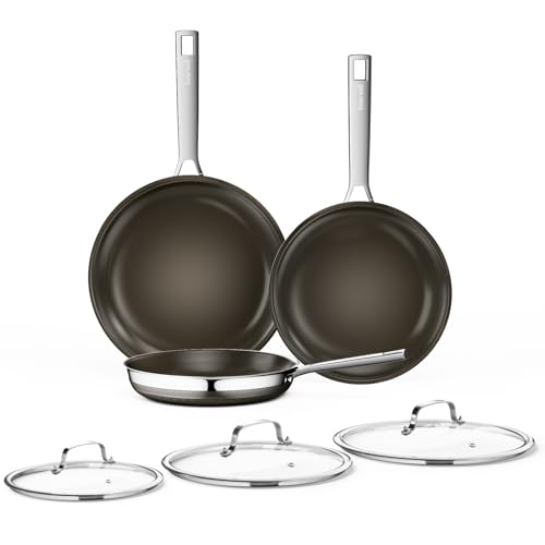 Innerwell Ceramic Pan Sets Made of Tri-ply Stainless Steel 20 + 24 + 28 cm Frying Pan with Lid, Large Pan Induction with Non-Stick Titanium Coating, Pfoa Free (Brown)