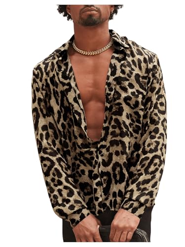 Men's Leopard Button Down Shirts Cheetah Graphic Long Sleeve Hipster Cool Blouse