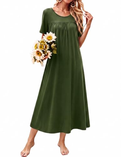 Ekouaer Bamboo Viscose Long Nightgowns for Women Short Sleeve Sleepshirt Sleepwear Army Green