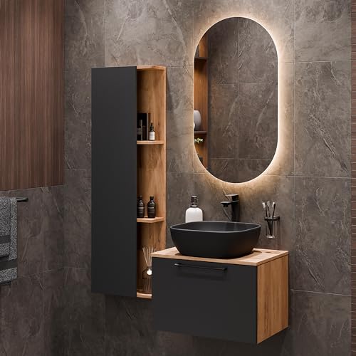 Planetmöbel Astra - Juego de muebles de baño con lavabo (60 cm, 1 armario lateral, roble dorado, antracita, lavabo de 42 cm), color negro