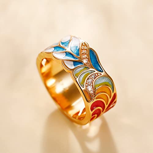 Flower Leaves Pattern Enamel Wide Ring for Woman,Party Crystal Vintage Jewelry,18K Gold Plated Half Eternity Rainbow Ring Wedding Band4