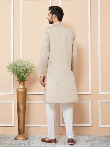 Image of See Designs Men's Long Sleeve Mandarin Collar Side Slit Off-White Embroidered Chanderi Silk Straight Kurta