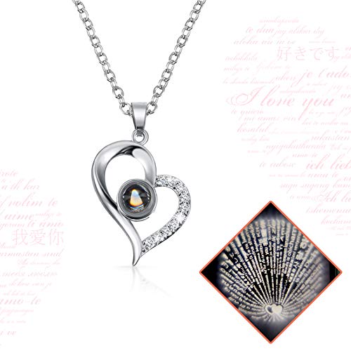 Hicarer Necklace Gift for Girlfriend I Love You in 100 Languages Projection Pendant Necklace with Preserved Red Rose Flowers in Box for Women Mom Wife on Anniversary Birthday2