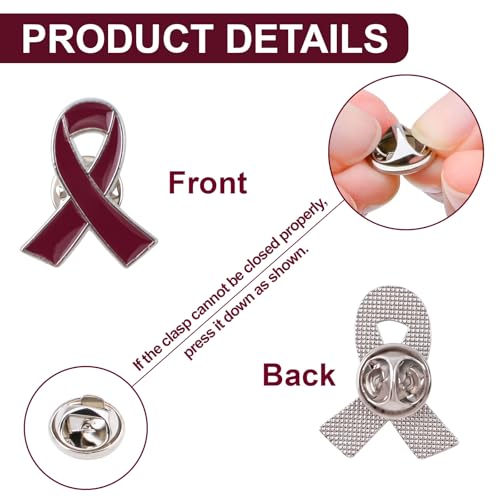 Image of WANDIC 50 PCS Burgundy Multiple Myeloma Awareness Ribbon Pins, Silver Back Sickle Cell Anemia Awareness Ribbon Brooche for Charitable Fundraising,2.5cm*2cm