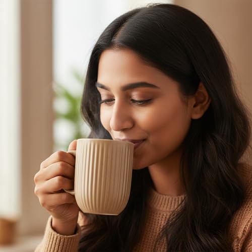 Image of The Earth Store Beige Tall Fringe Coffee Mug - 330ML Ceramic Coffee Mugs Set of 2 | Microwave & Dishwasher Safe Mugs for Gift | Home | Office | Restaurant | Daily Use Tea Mug