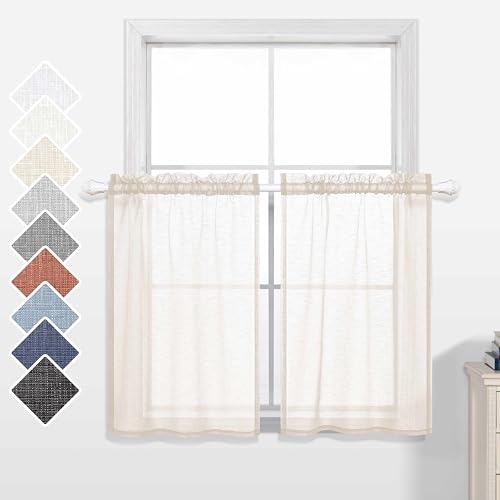 Image of Short Curtains 36 inch Length for Small Bedroom Window 2 Panels Rod Pocket Farmhouse Semi Sheer Faux Linen Tier Cafe Privacy Curtain for Camper Basement Bathroom Kitchen 30x36 Long Cream Beige