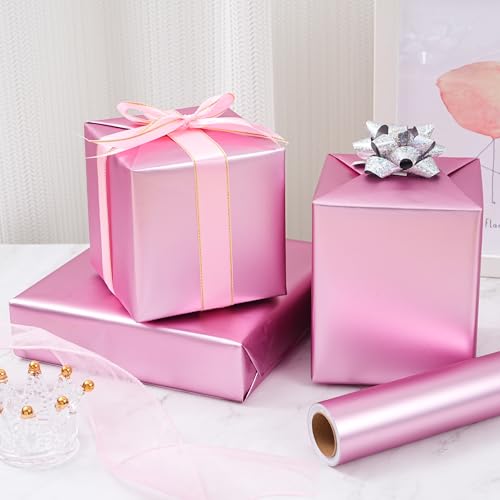 ZINTBIAL Metallic Pink Wrapping Paper Roll with Cut Lines - Solid Pink Holiday Gift Wrap for Halloween, Christmas, Birthdays, Baby Shower, Wedding - 17.5 in x 33 ft (48 sq. ft), Easy to Cut - Thumbnail 3