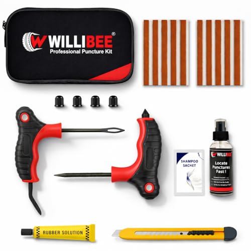 Image of WILLIBEE 9-in-1 Tubeless Tyre Puncture Repair Kit for Car & Bike | Heavy-Duty Puncher Kit (Includes Storage Bag) | Emergency Tyre Fix Set (Pack of 10 Strips)
