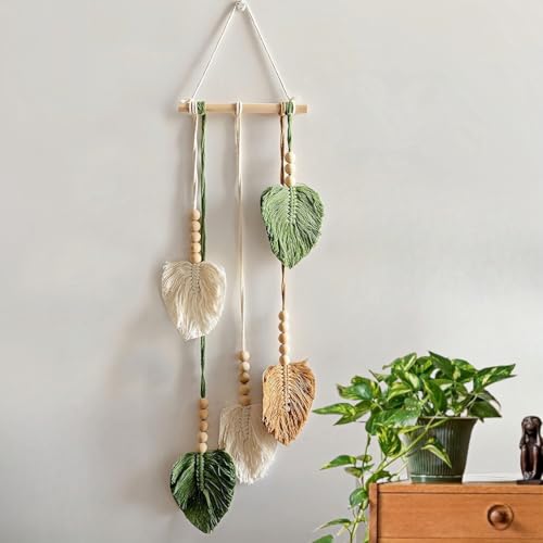 Avoik Makramee Wandbehang Boho Deko Handgemacht Makramee Wandteppich Grün Blätter Tapisserie mit Holzperlen Wandteppich für Schlafzimmer Wohnzimmer...