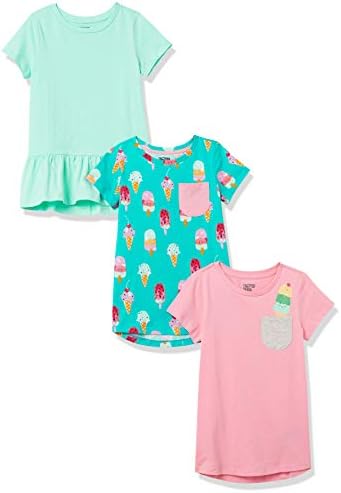 Amazon Essentials Girls' Short-Sleeve and Sleeveless Tunic Tops (Previously Spotted Zebra), Pack of 3, Aqua Green/Pink/Ice Cream, Small
