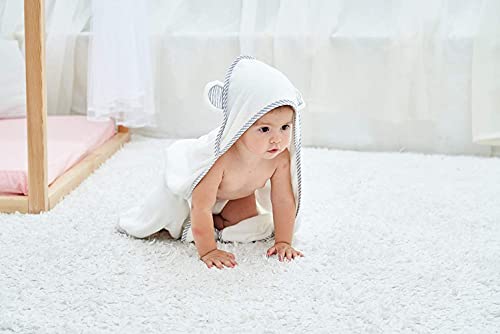 Image of HIPHOP PANDA Ultra Soft Hooded Baby Towel - 2-Layer Thick 500GSM Absorbent | Rayon Made from Bamboo, Hooded Bath Towel for Newborn, Infant, Toddler, Baby Registry - White, 30x40 In