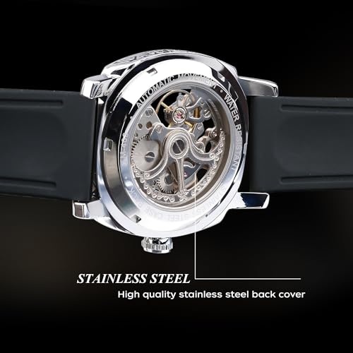 Image of FORSINING Fancy Watches for Men, Square Retro Mechanical Watch Self-Wind Carved, Gear Movement Golden Skeleton Automatic Watches Vintage Leather Strap Wrist Watch