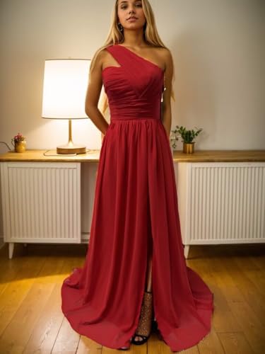 One Shoulder Bridesmaid Dresses 2025 with Pockets Long Prom Dress Formal Gowns LU23