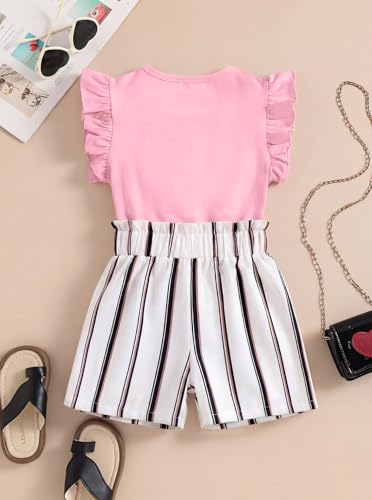 Image of Girls 2 Piece Outfits Summer Ruffle Sleeve Top and High Waisted Striped Shorts Set for Girls 7-14