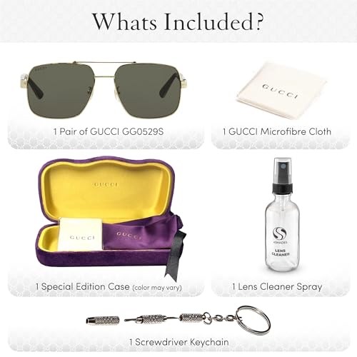 Image of Gucci GG0529S Lettering Logo Square-Shaped Non-Polarized Sunglasses for Men - Includes Luxury Eyewear Kit - Gold Frame with Gray Lens