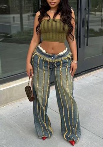 DINGANG Women's High Waisted Wide Leg Jeans Ripped Distressed Patchwork Denim Raw Baggy Y2K Stretchy Pants4