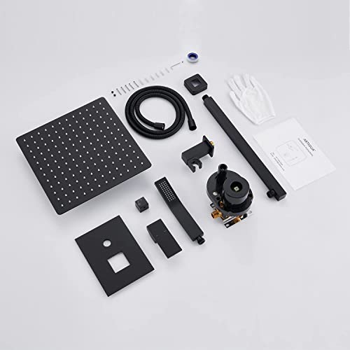 Image of Rain Shower System 12 Inches Shower Combo Set Black Wall Mount Faucet Bathroom Faucets with Rainfall Shower Head and Hand Shower