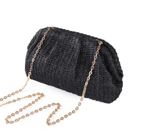 Image of Huralona Women Straw Woven Clutch Purse Pleated Handbag for Summer Beach Vacation Straw Shoulder Crossbody Bag