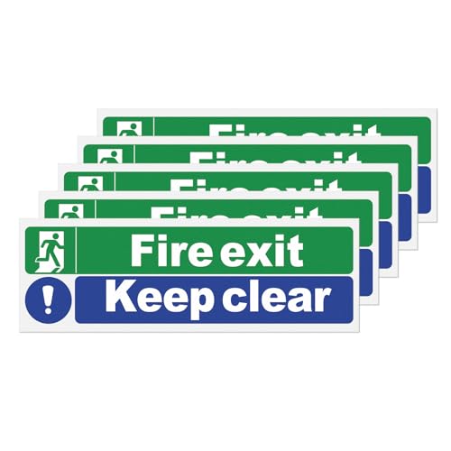 YIKIADA Fire Exit Keep Clear Sign Plastic 300 × 100 mm Self Adhesive Signage Emergency Exit Signs for Office School Hospital Pack of 5