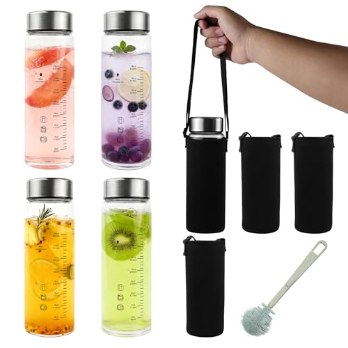 Rackickyer Glass Juice Water Bottles 4 Pack 20 OZ,Wide Mouth