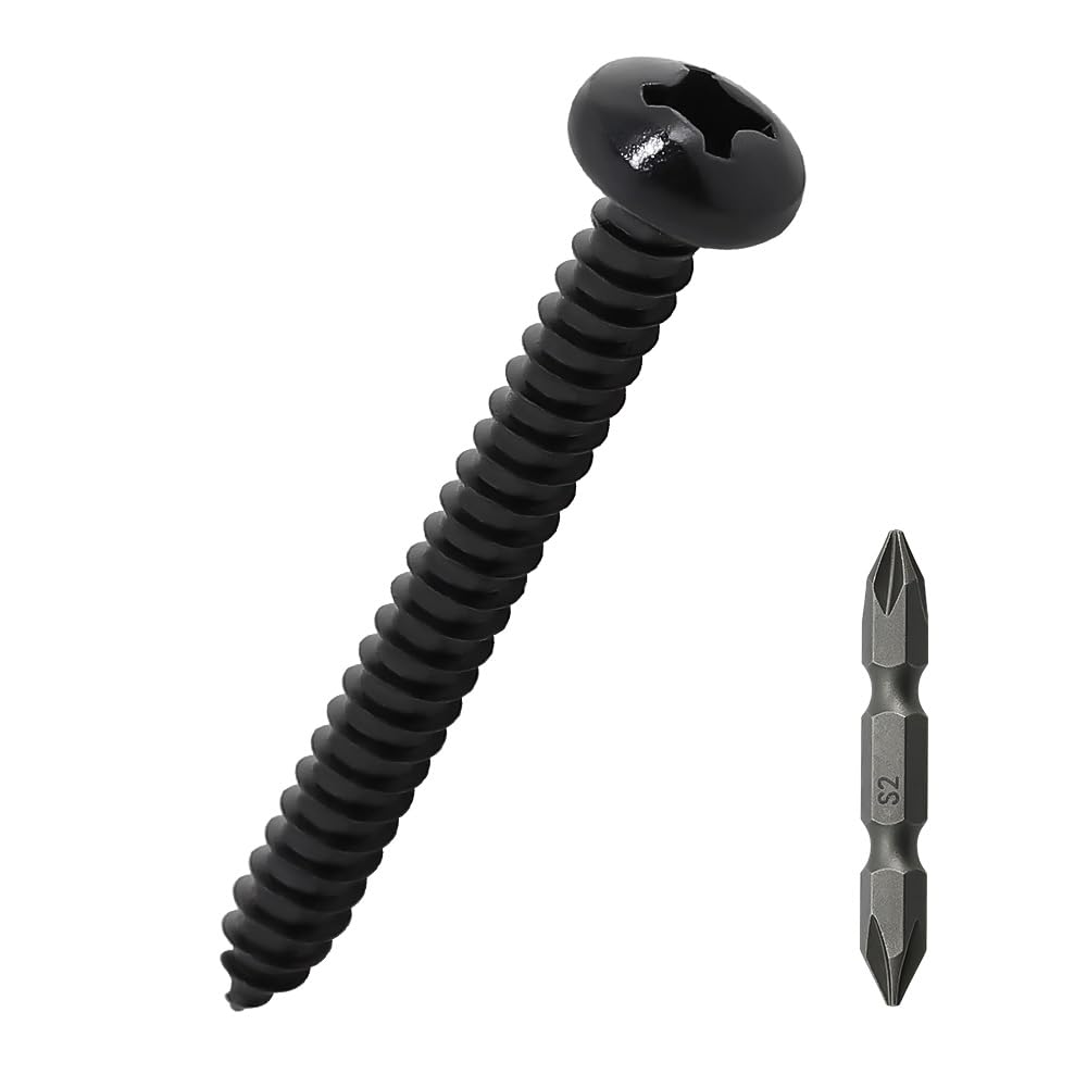 #12 x 2-1/2" Pan Head Wood Screws (25 pcs), 18-8 (304) Stainless Steel, Phillips Drive Pan Head Self Tapping Screws, Black Oxide Coated Sheet Metal