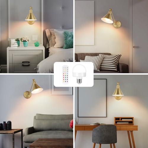 Image of TRLIFE Rechargeable Battery Operated Wall Sconces, Dimmable and Adjustable Color Temperature Wireless Wall Sconces Set of 2 with Remote Control, Gold Swing Arm Wall Light for Bedroom Bedside Hallway