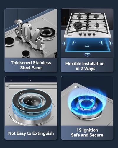 Image of Ranein 24 Inch 4 Burner Gas Cooktop, NG /LPG Convertible Gas Stove Top, 304 Stainless Steel with Thermocouple Flameout Protection for Kitchens, Apartments, RVs