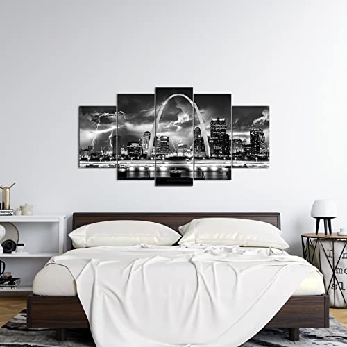 Fushvre Black And White City Canvas Wall Art Night St Louis Arch Skyline View With Lightning Picture Prints Modern Missouri Cityscape Painting For Home Living Room Bedroom Wall Decor Framed #TOP4