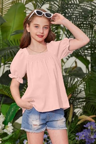 Image of BesserBay Girls Summer Puff Short Sleeve Square Neck Tee Shirts Ruffle Smocked Blouses Cute Swiss Dot Tops 5-14 Years