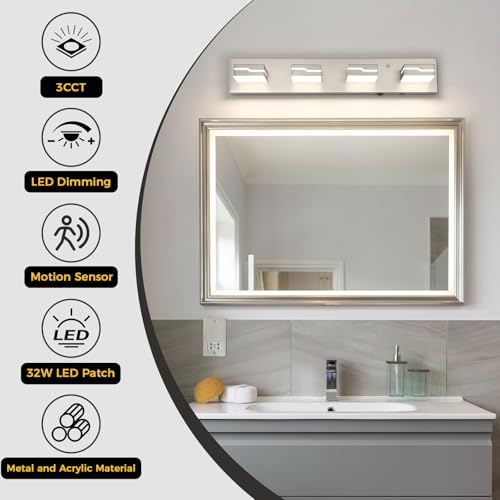 Image of 4-Light LED Bathroom Vanity Light, 25.5-Inch Brushed Nickel