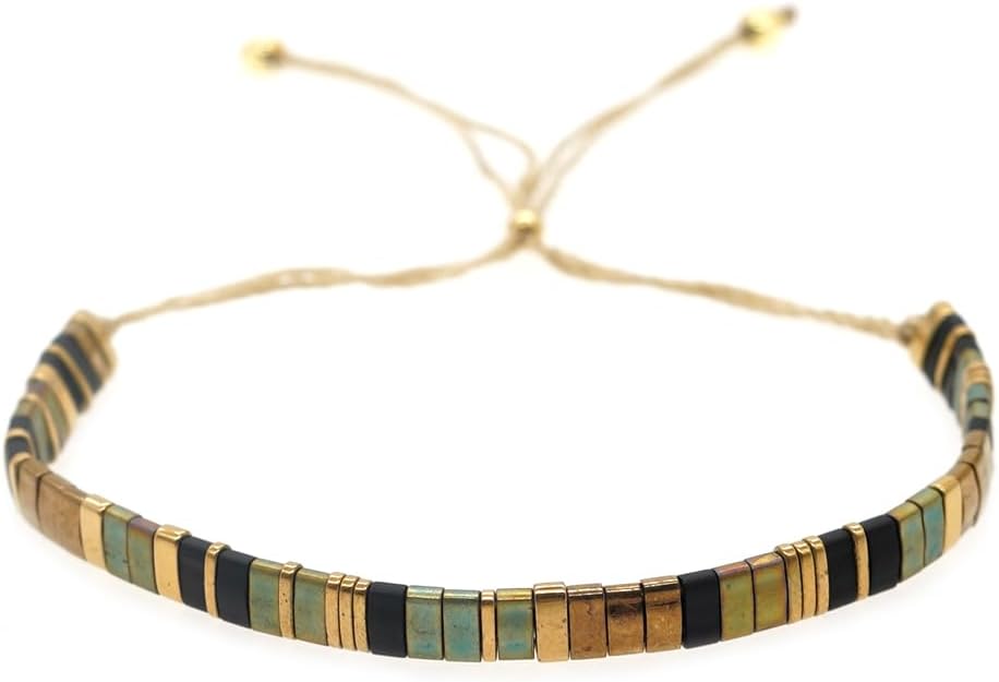 Sonateomber Flat Tila Beaded Adjustable Braided Friendship Stand Bracelets for Women Handmade Boho Charm Square Beads Stackable Bracelet Friend Holiday Jewelry Gift