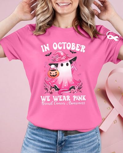 Breast Cancer Awareness Shirts for Women in October We Wear Pink T-Shirt Halloween Ghost Graphic Ribbon Tees4