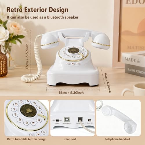 Teléfono fijo Bluetooth estilo retro blanco miniatura 2