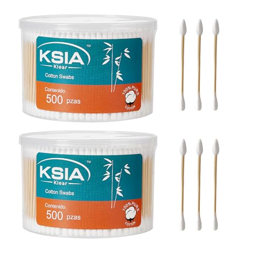 KSIA Klear Cotton Swabs 1000 Count, Double Tipped Cotton Buds with Pointed & Round Tips, Strong Wooden Sticks Cotton Swabs For Ears, Makeup, Personal Care and Cleaning, 2 Boxes Pack