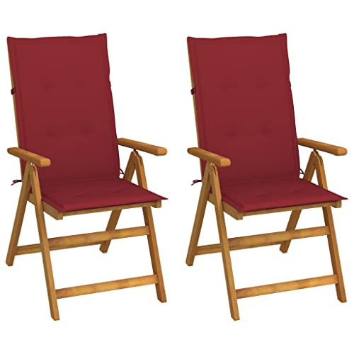 SooIarix Juego de 2 tumbonas de jardín de madera maciza de acacia, cojines de color rojo vino, 5 posiciones, ajustables, plegables, resistentes a la intemperie, para balcón, terraza y jardín
