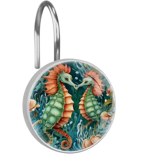 Ganchos para cortina de ducha náuticos con caballito de mar de cristal para baño 2