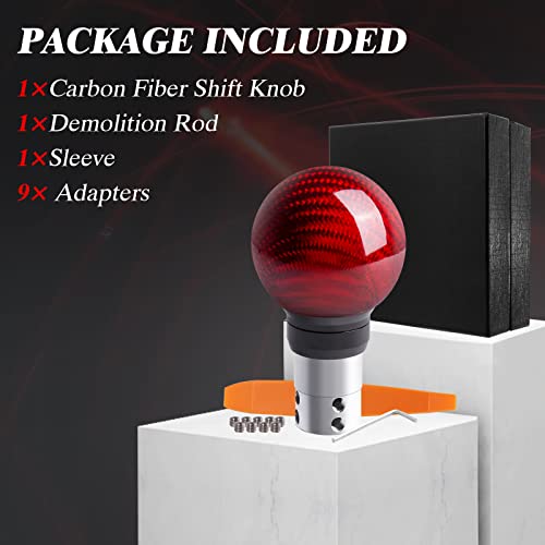 Temsone Universal Carbon Fiber Shift Knob Round Ball Compatible With Lock/Button Automatic Transmission,Give For Boyfriend Father's Carbon Pattern Gear Shift Gift Box(Red) #TOP4