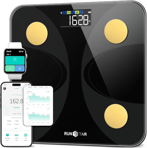 Scale for Body Weight and Fat Percentage, RunStar Digital Accurate Bathroom Smart Scale with Large Display, FSA&amp;HSA Eligible 13 Body Composition Analyzer Sync App, Black Gold